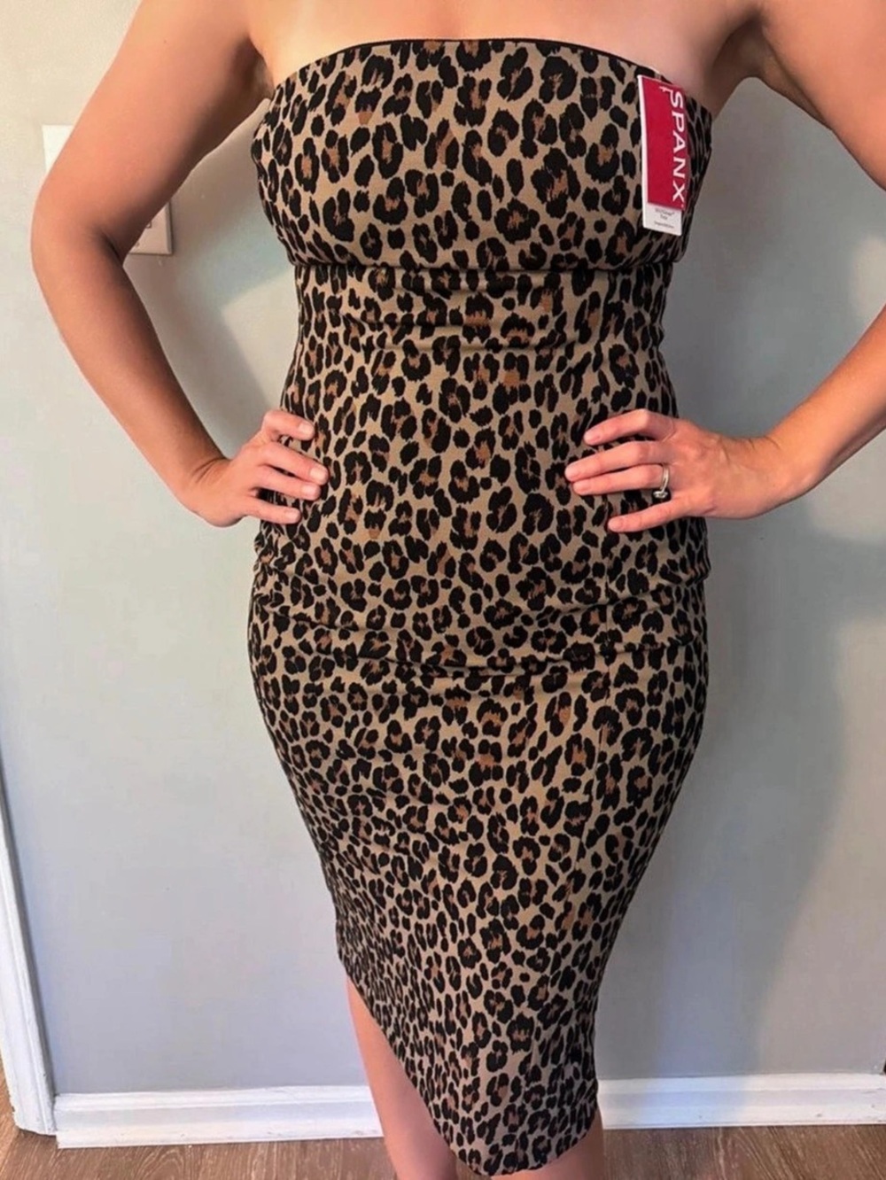 SPANX Strapless Leopard Ponte Midi Dress Brown & Black Medium